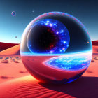 Transparent Sphere with Cosmic Scene in Red Desert Dunes