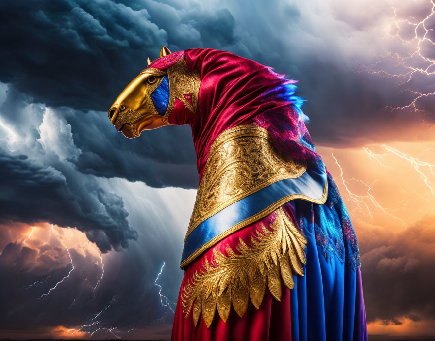 Majestic horse with golden headpiece in red and blue robe against stormy backdrop