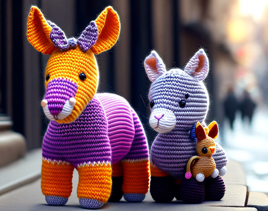 Colorful Knitted Animals on Blurred Urban Background