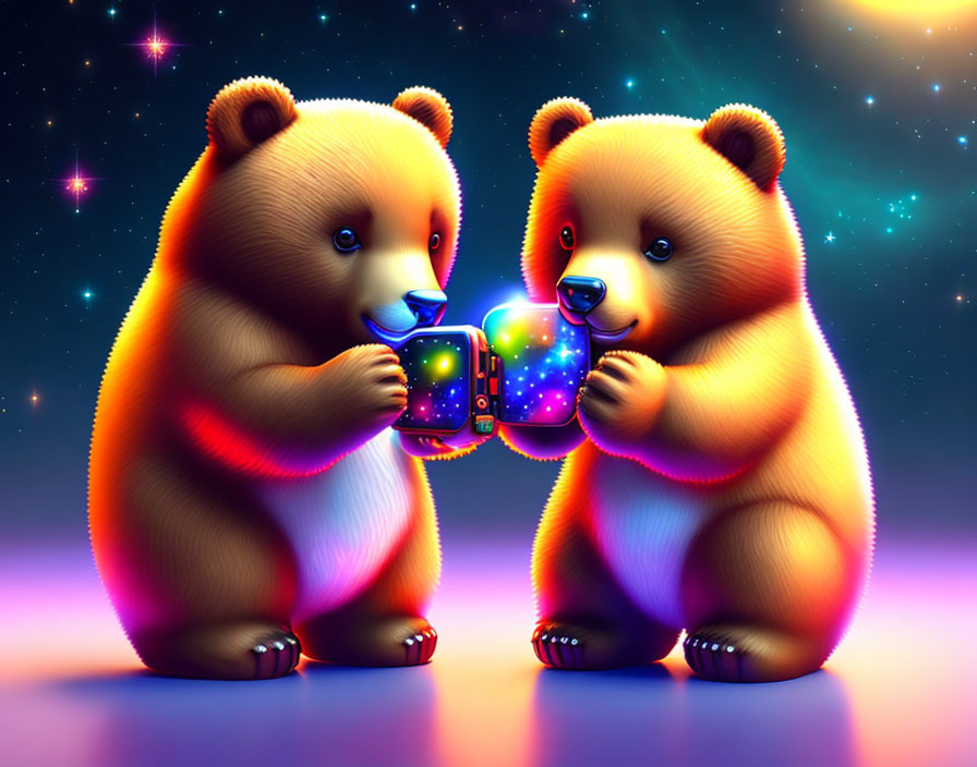 Cartoon bears with glowing cup under starry night sky