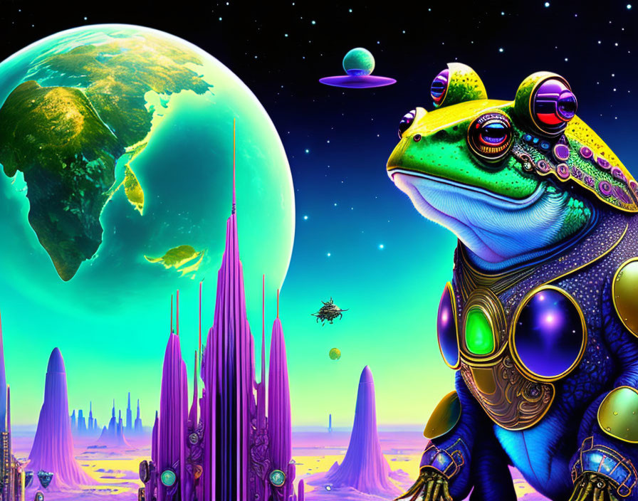 Colorful futuristic frog in space with green planet & cityscape