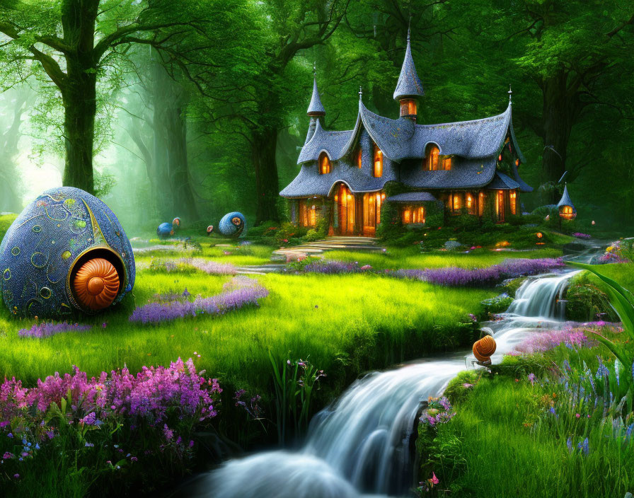 Whimsical cottage in vibrant forest with glowing snail-shell structures