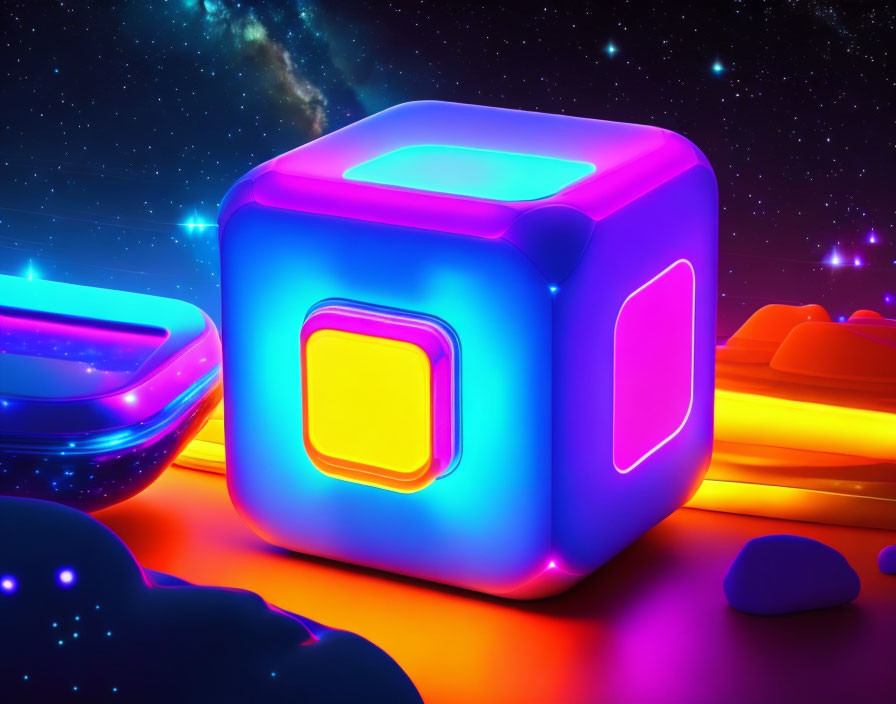 Vibrant Neon-lit Cubes in Futuristic Landscape