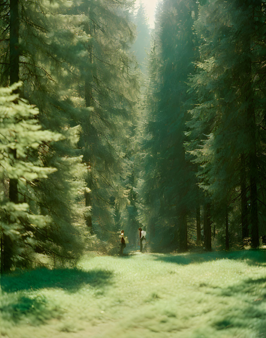 Forest path with two individuals and towering trees under sunlight