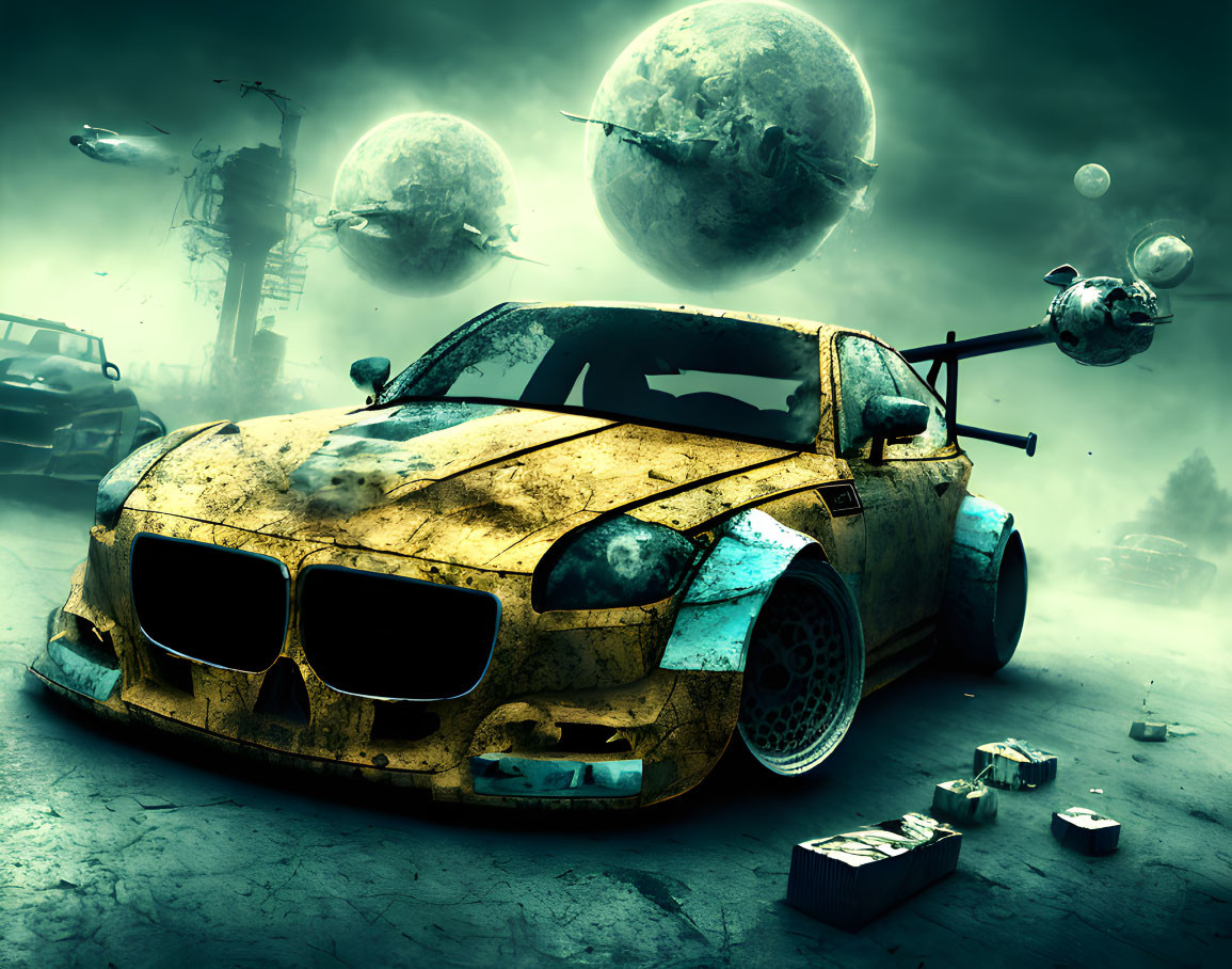 Abandoned sports car with rear spoiler in dystopian setting with floating orbs and derelict structures