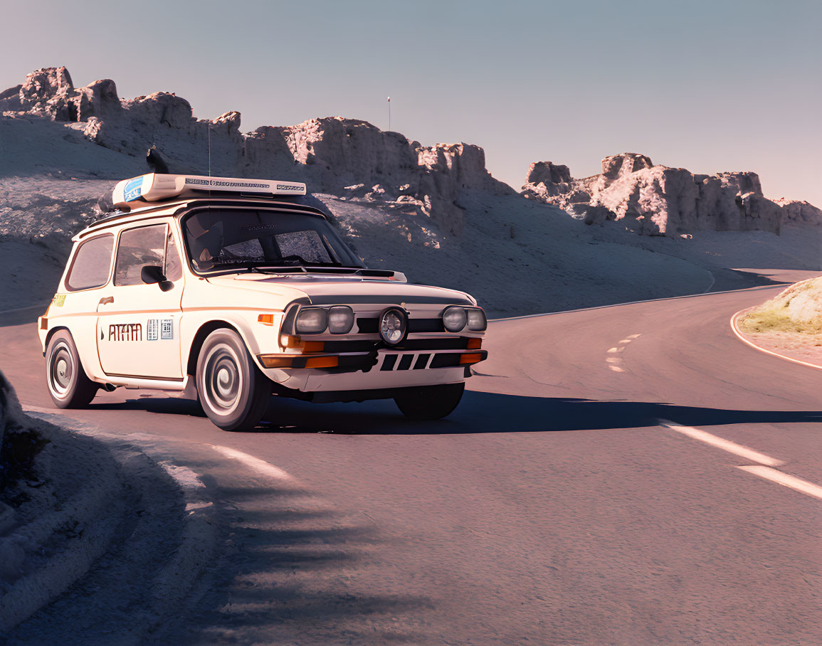 Vintage Rally Car with Race Decals on Mountain Road