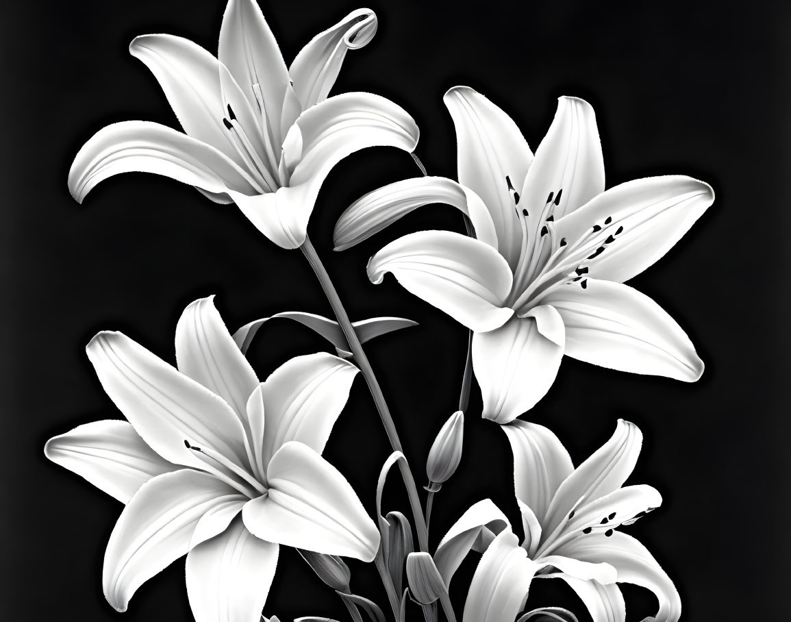 Monochromatic digital art featuring white lilies on dark background