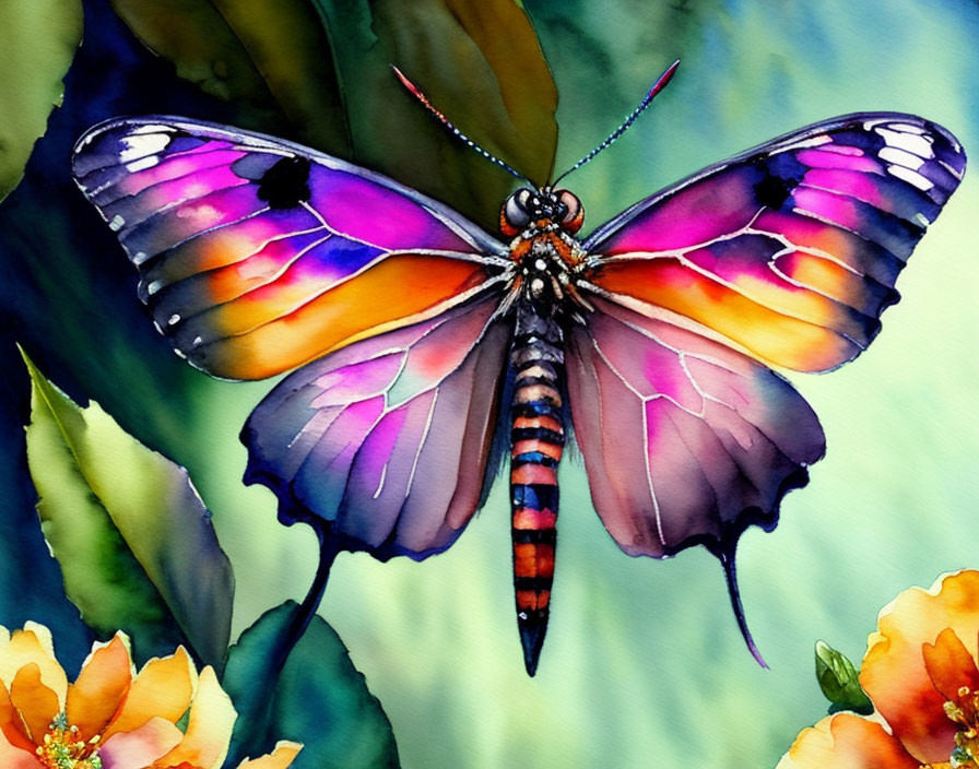 Colorful Butterfly Watercolor Painting with Purple and Orange Wings