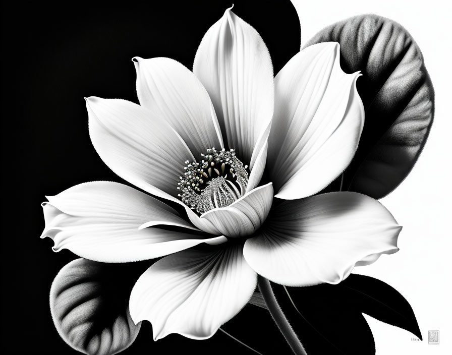 Detailed Monochrome Flower with Prominent Petals and Stamen on Black Background