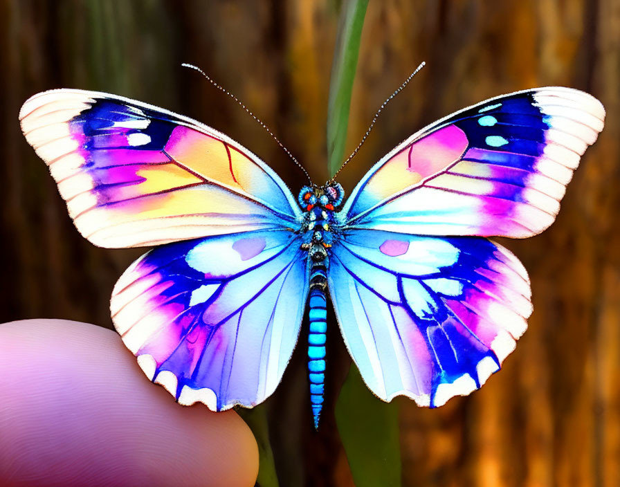 Colorful Butterfly Resting on Finger in Nature Scene