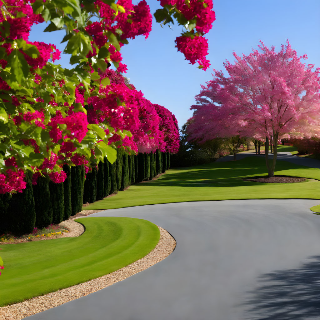 Colorful garden path with pink trees, green grass, and trimmed hedges under blue sky