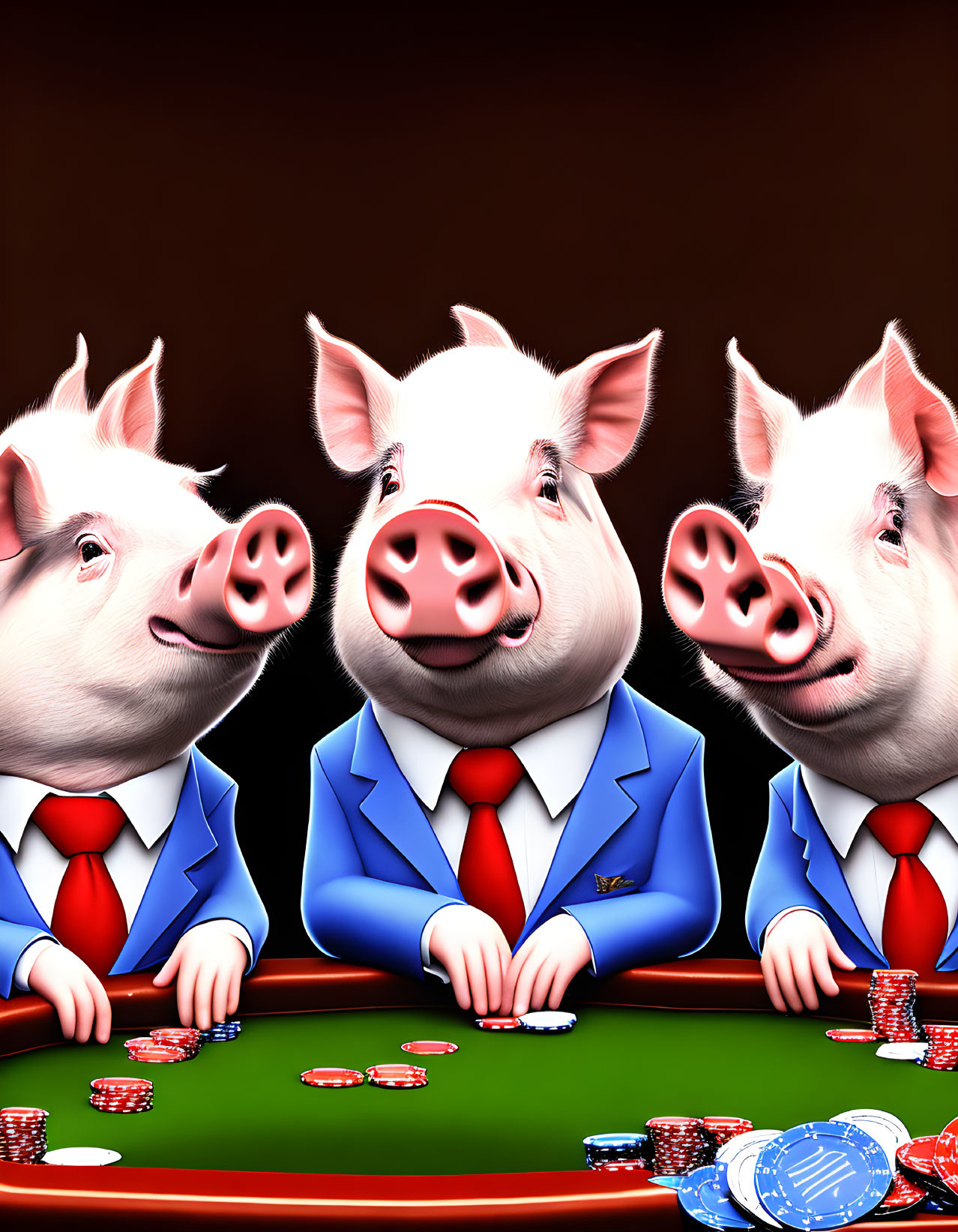 Three cartoon pigs playing poker in suits at table.