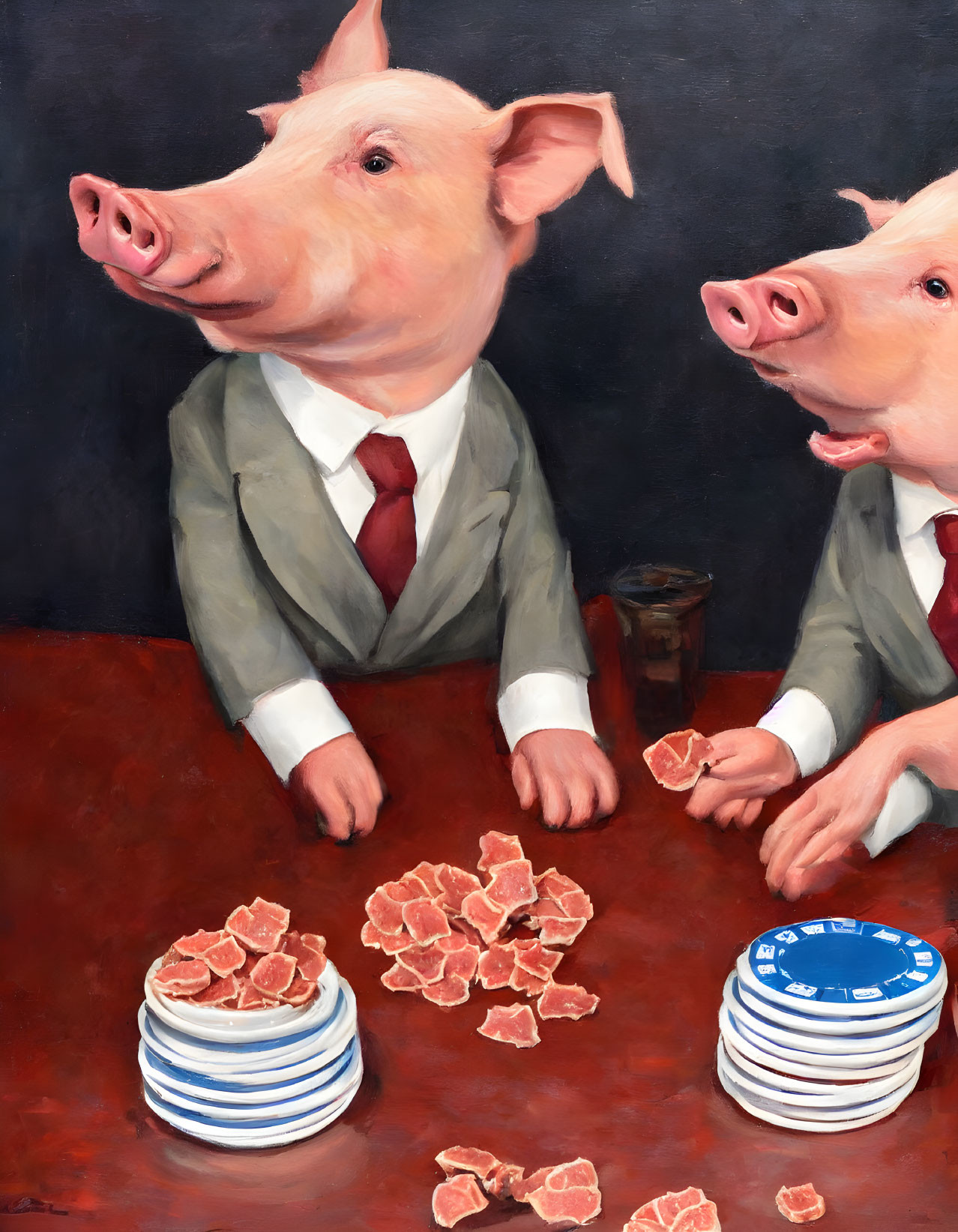 Anthropomorphic pigs in business attire playing poker at a table