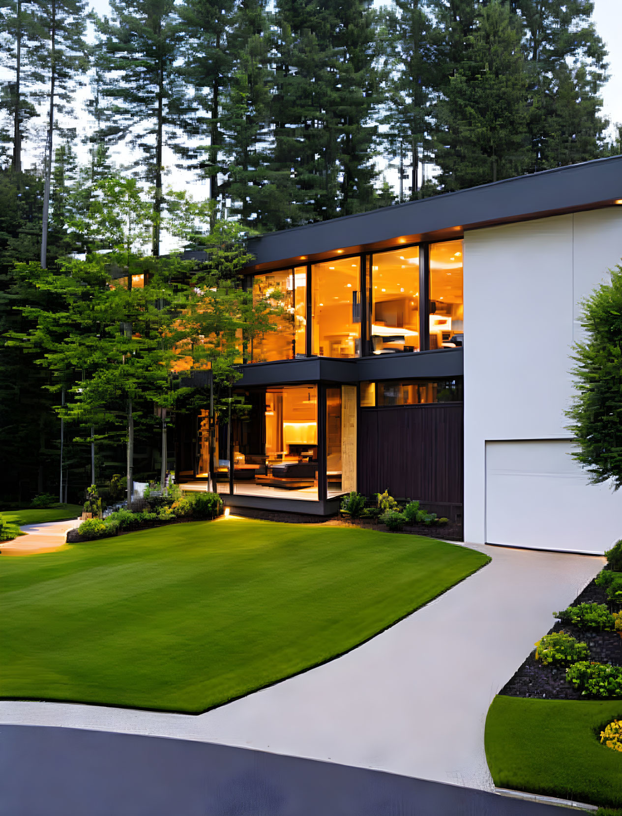 Spacious two-story house with large windows in twilight setting