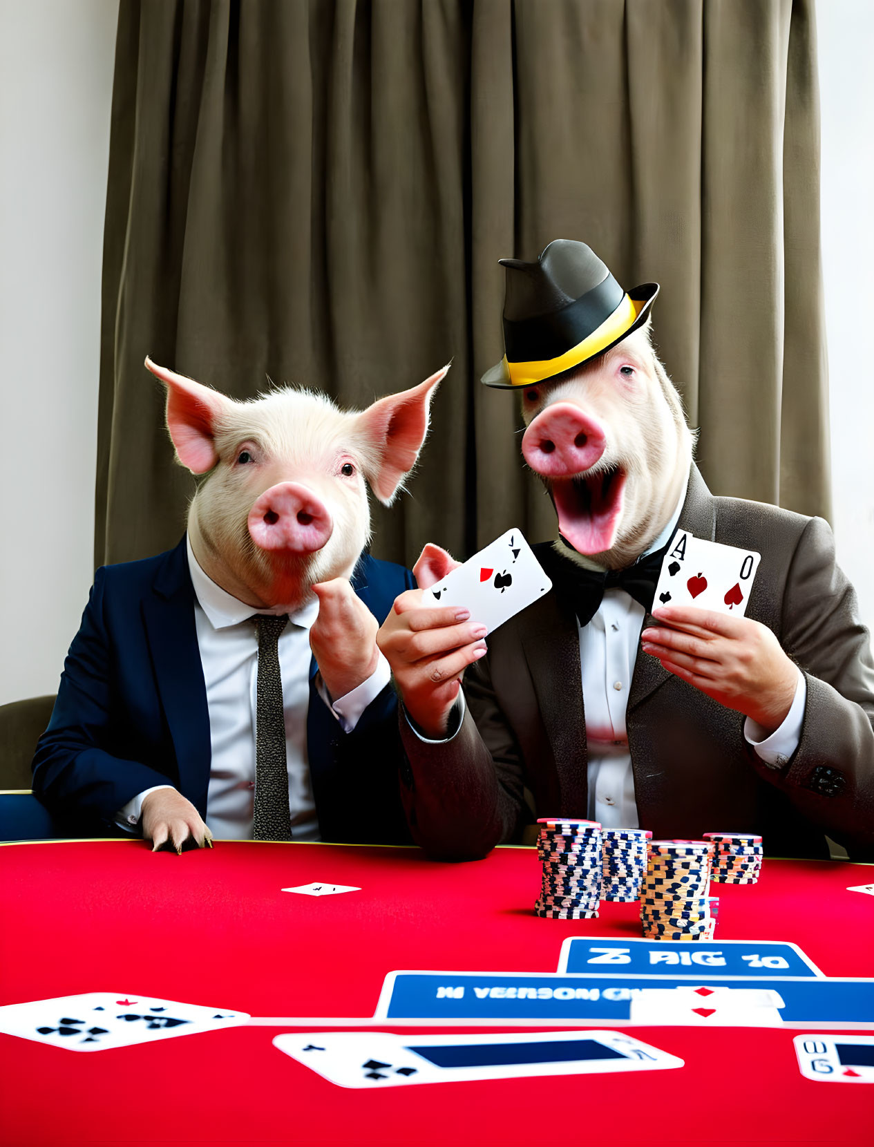 Two pigs in suits playing poker with chips on the table.