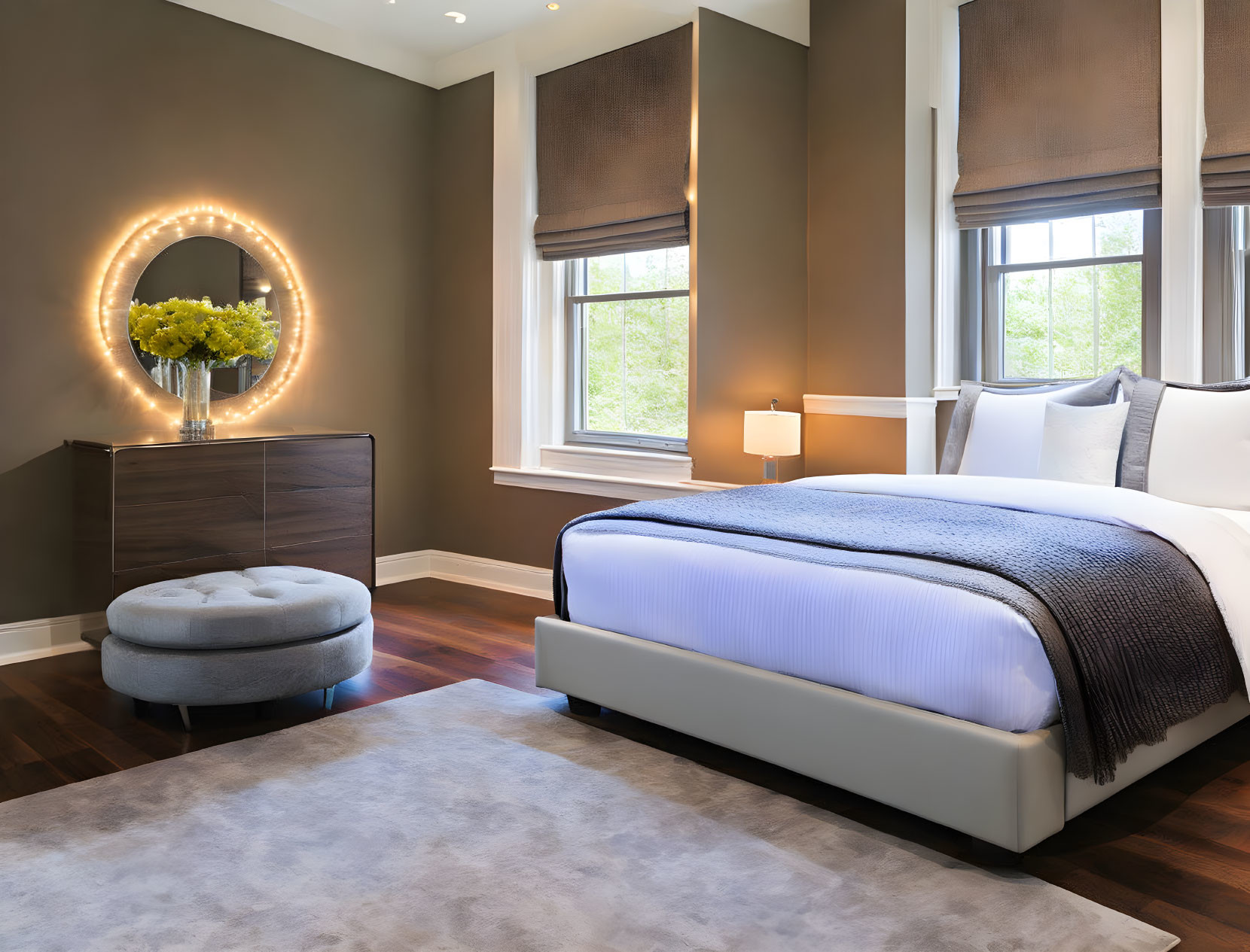 Modern Bedroom with Neatly Made Bed, Stylish Dresser, Circular Mirror, Ottoman, Roman