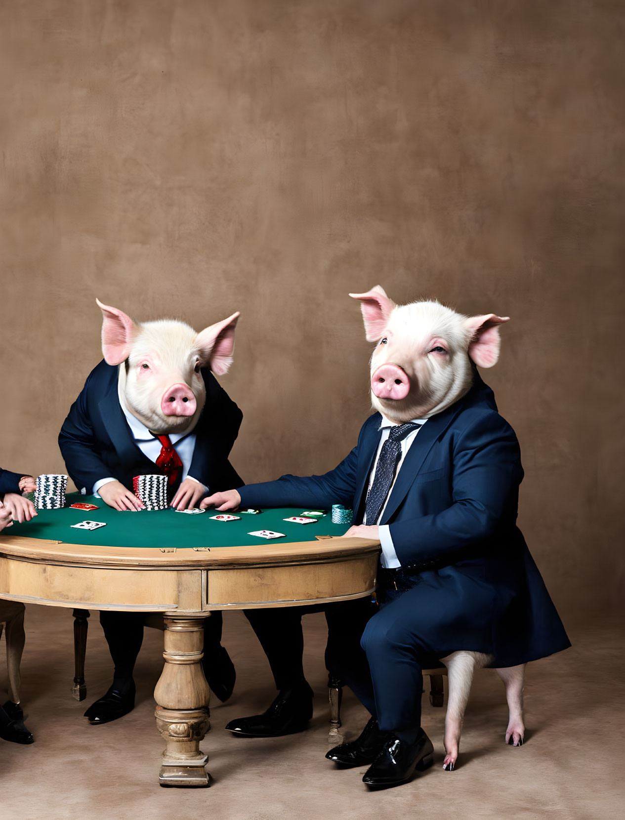 Two pigs in business suits at a poker table in surreal scene.