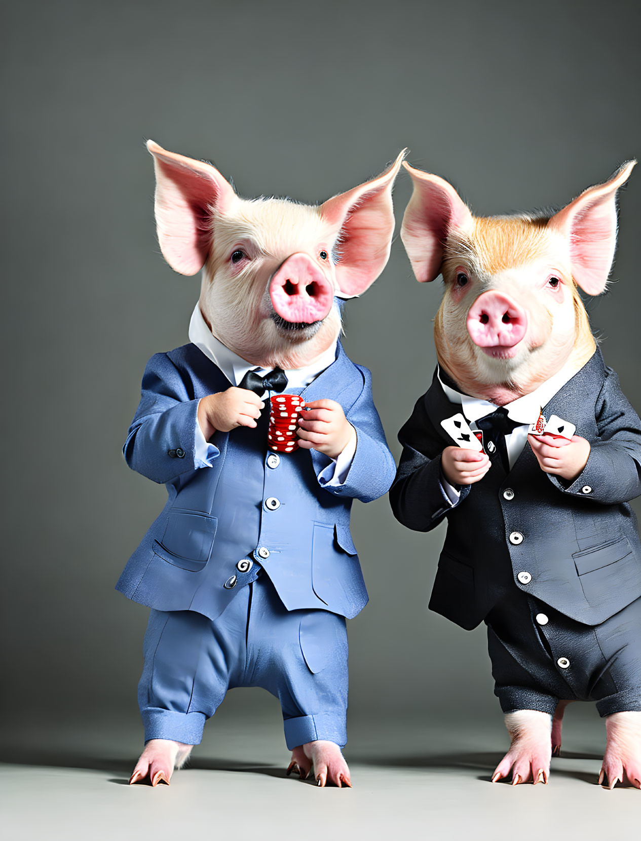 Two pigs in suits standing on hind legs with one holding a cup of coffee