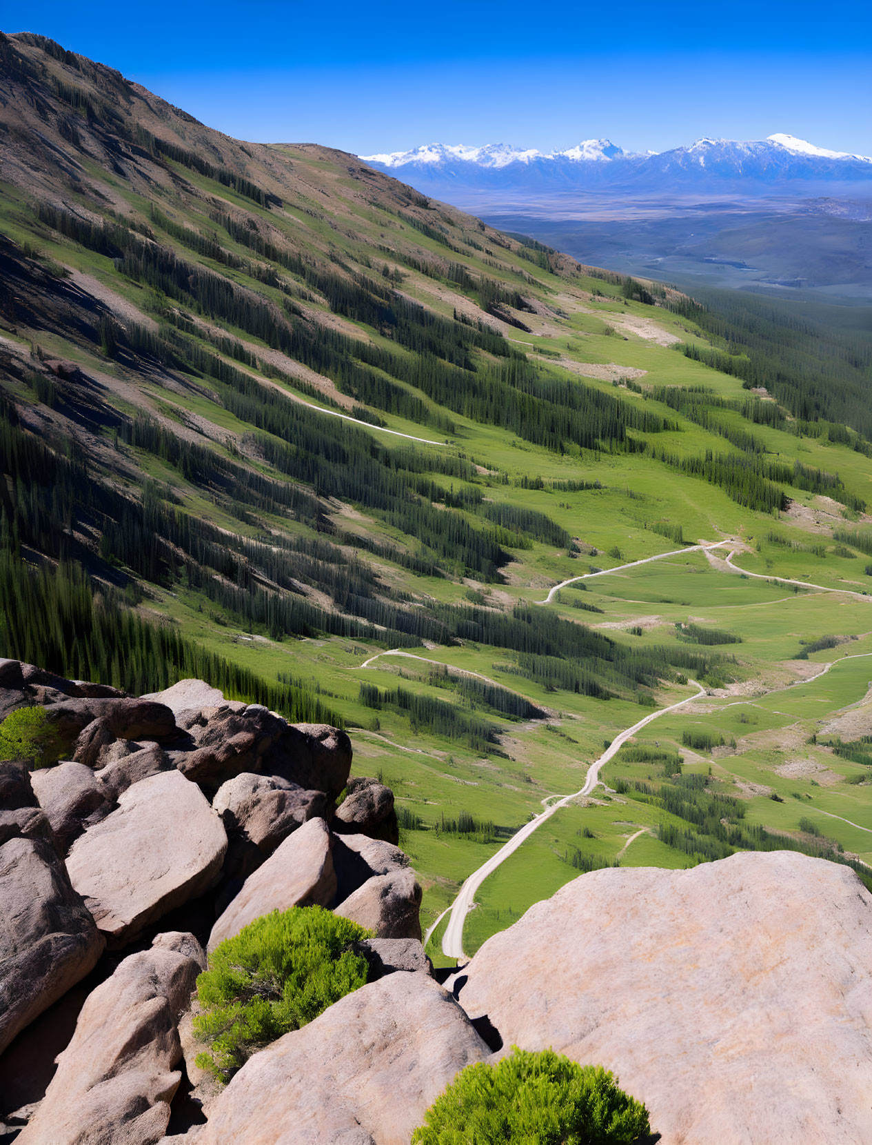 Scenic valley view with winding road, green hills, and mountains under clear sky