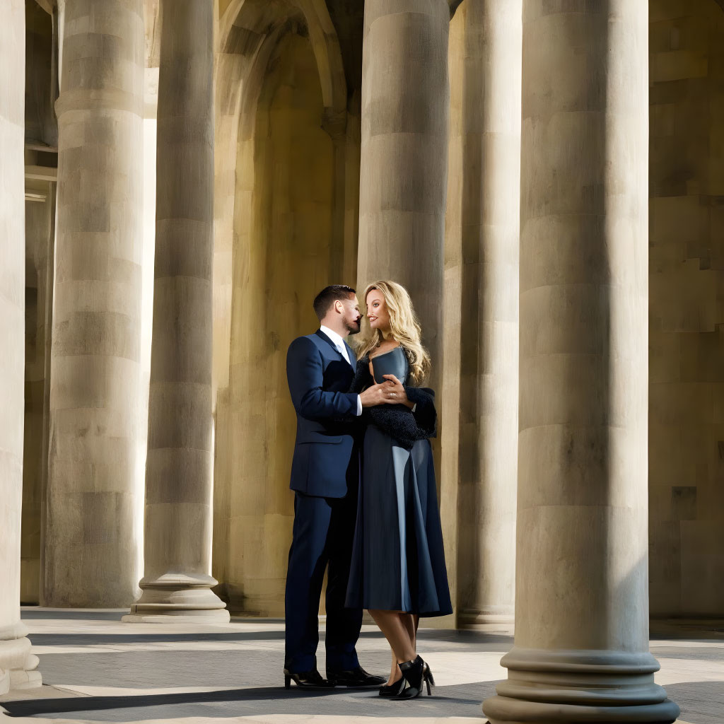 Embracing couple in grand columned arcade with dramatic shadows