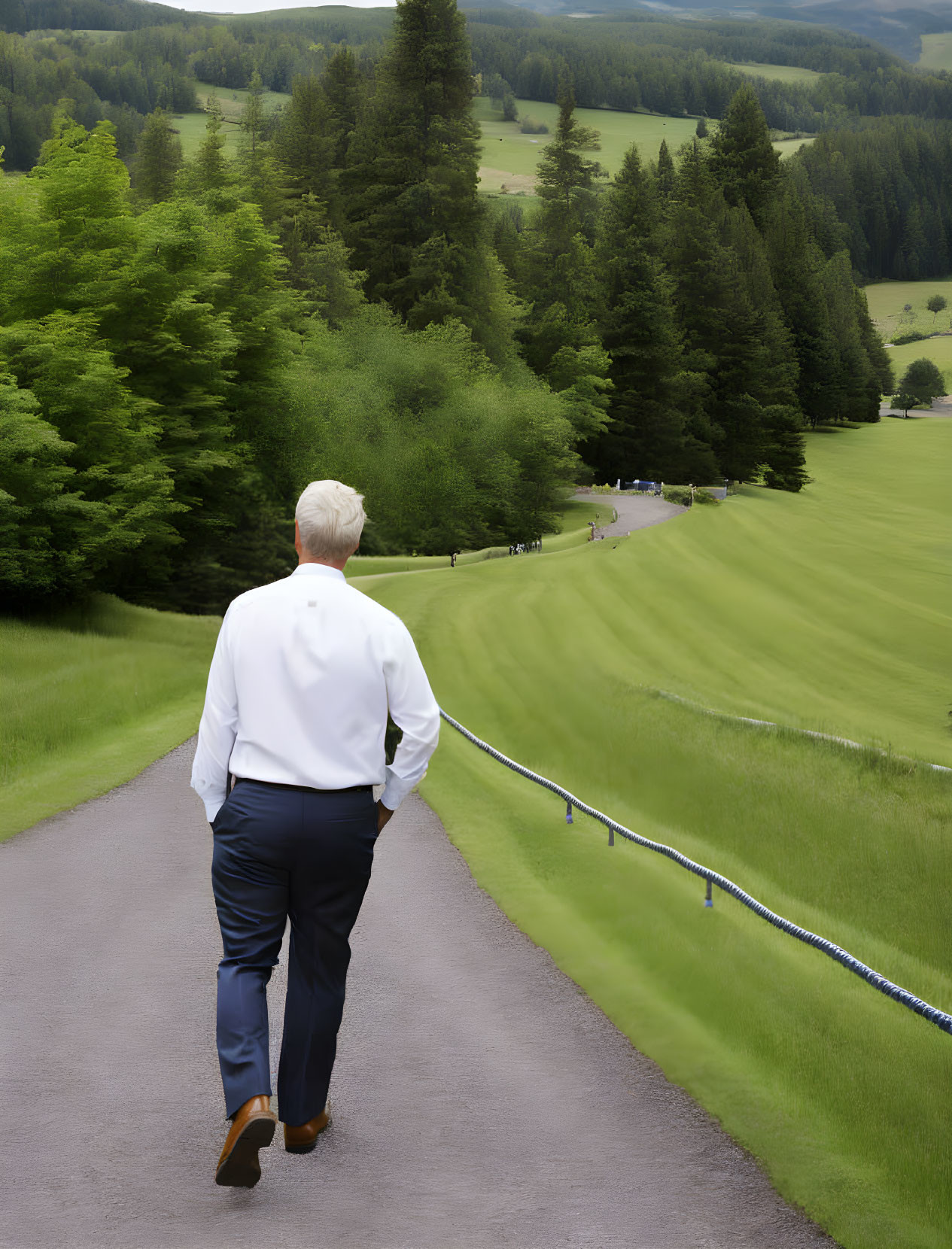 White-haired person in white shirt and dark pants walking by lush green field and forest.