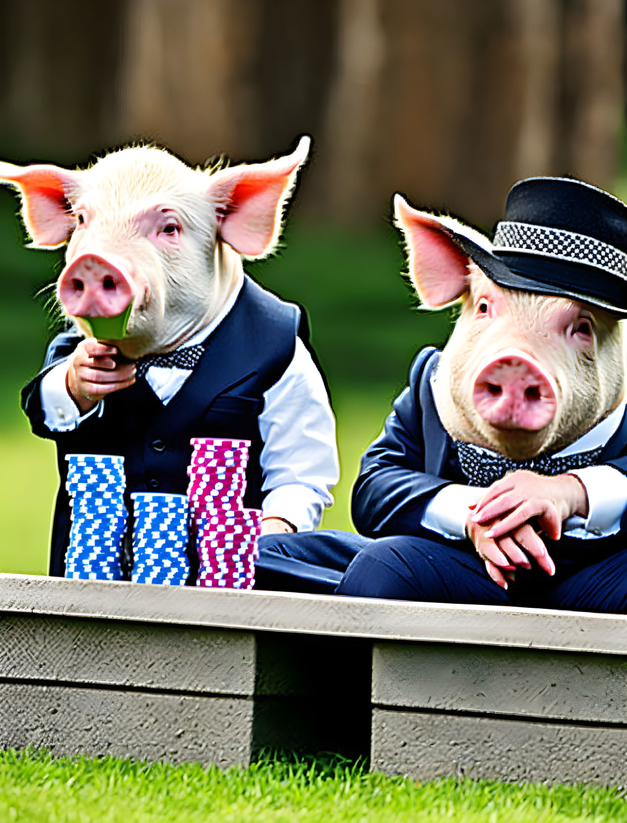 Two pigs in suits and hats with a popcorn box sitting outdoors