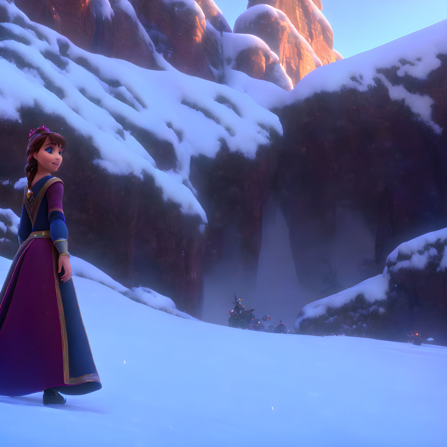 Animated girl in medieval dress in snow-covered landscape gazes at misty canyon.