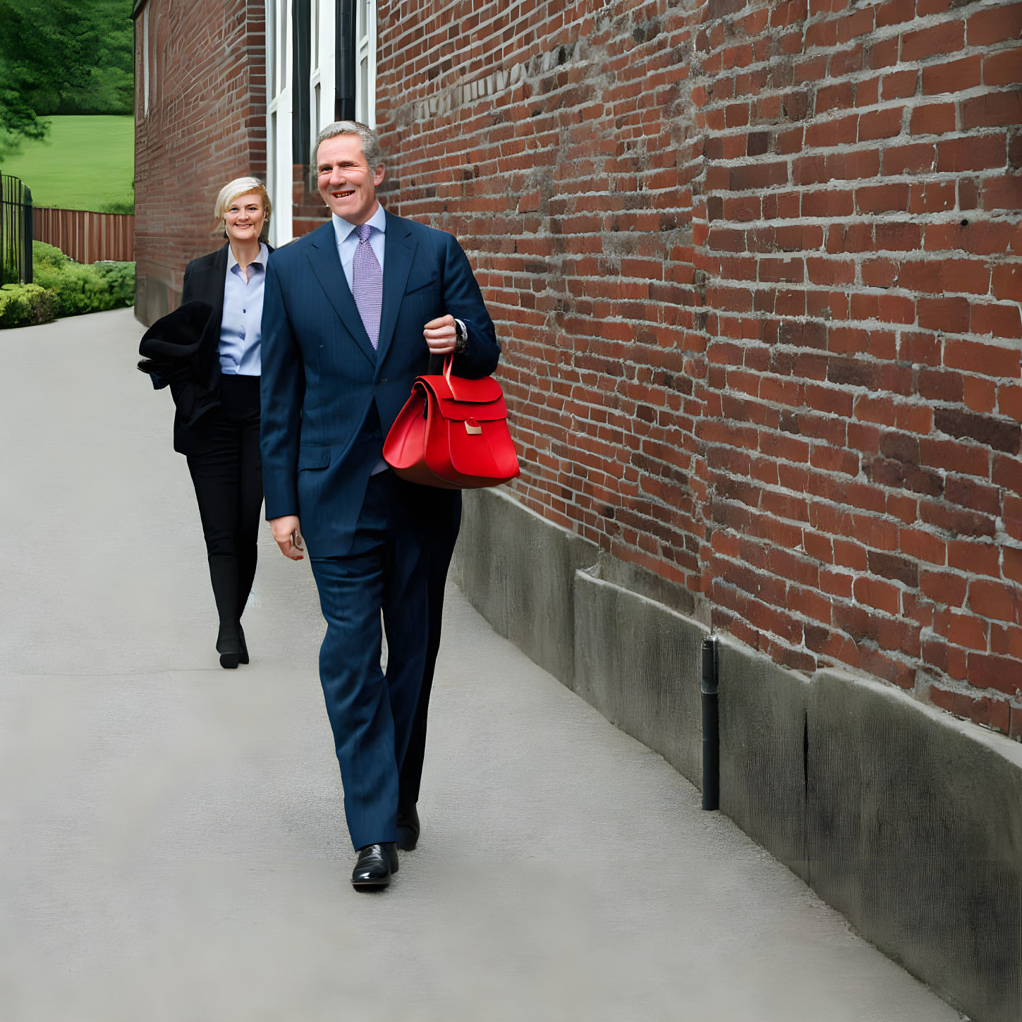 Business professionals in formal attire walking outdoors with red bag, brick wall backdrop