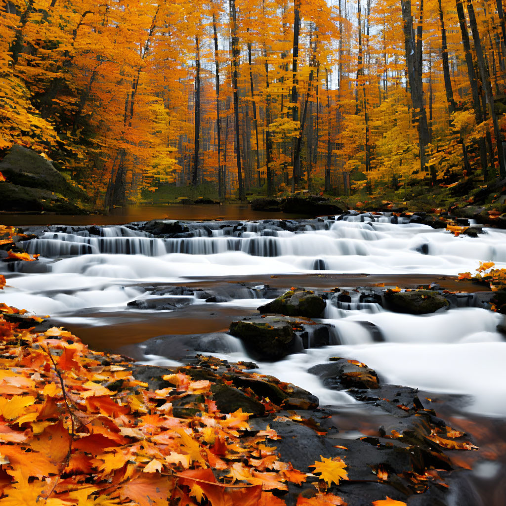 Tranquil forest waterfall surrounded by autumn leaves