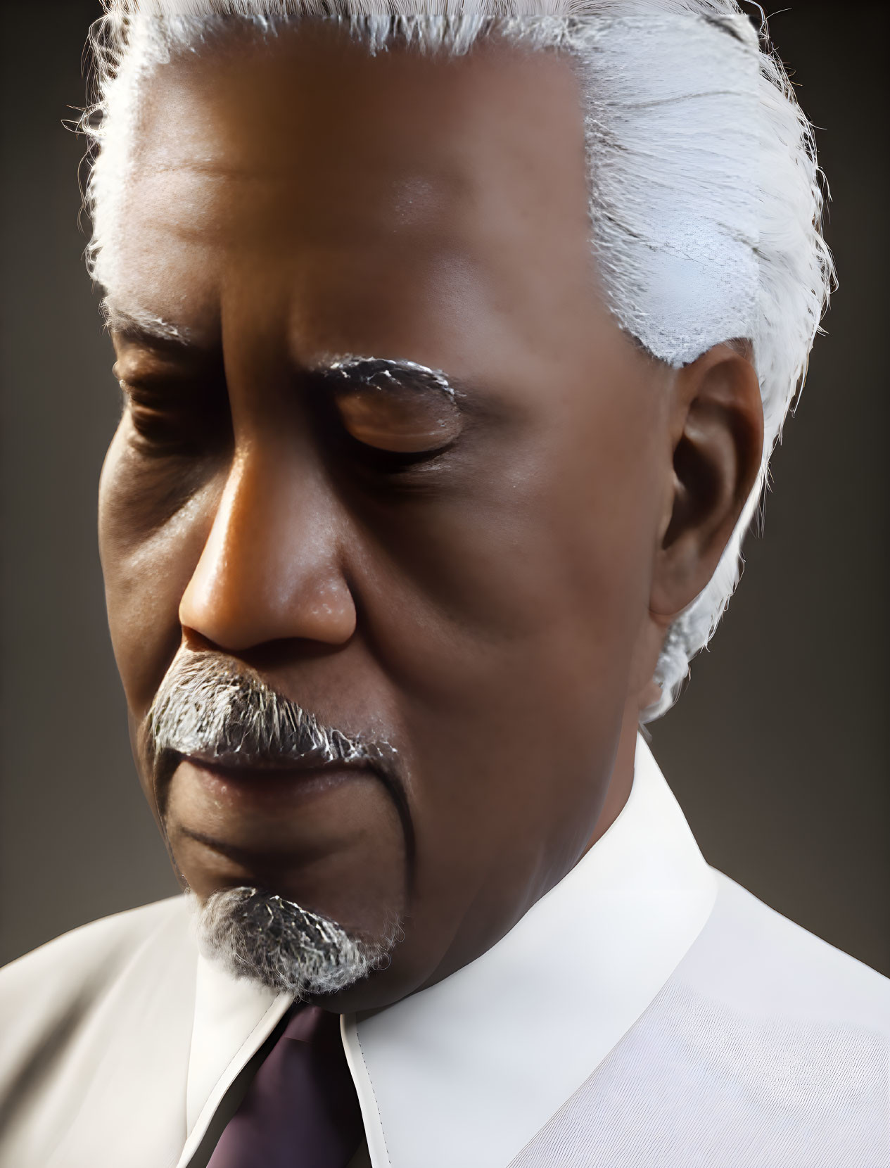 Detailed portrait of older man with white hair, dark skin, white mustache, white shirt, in