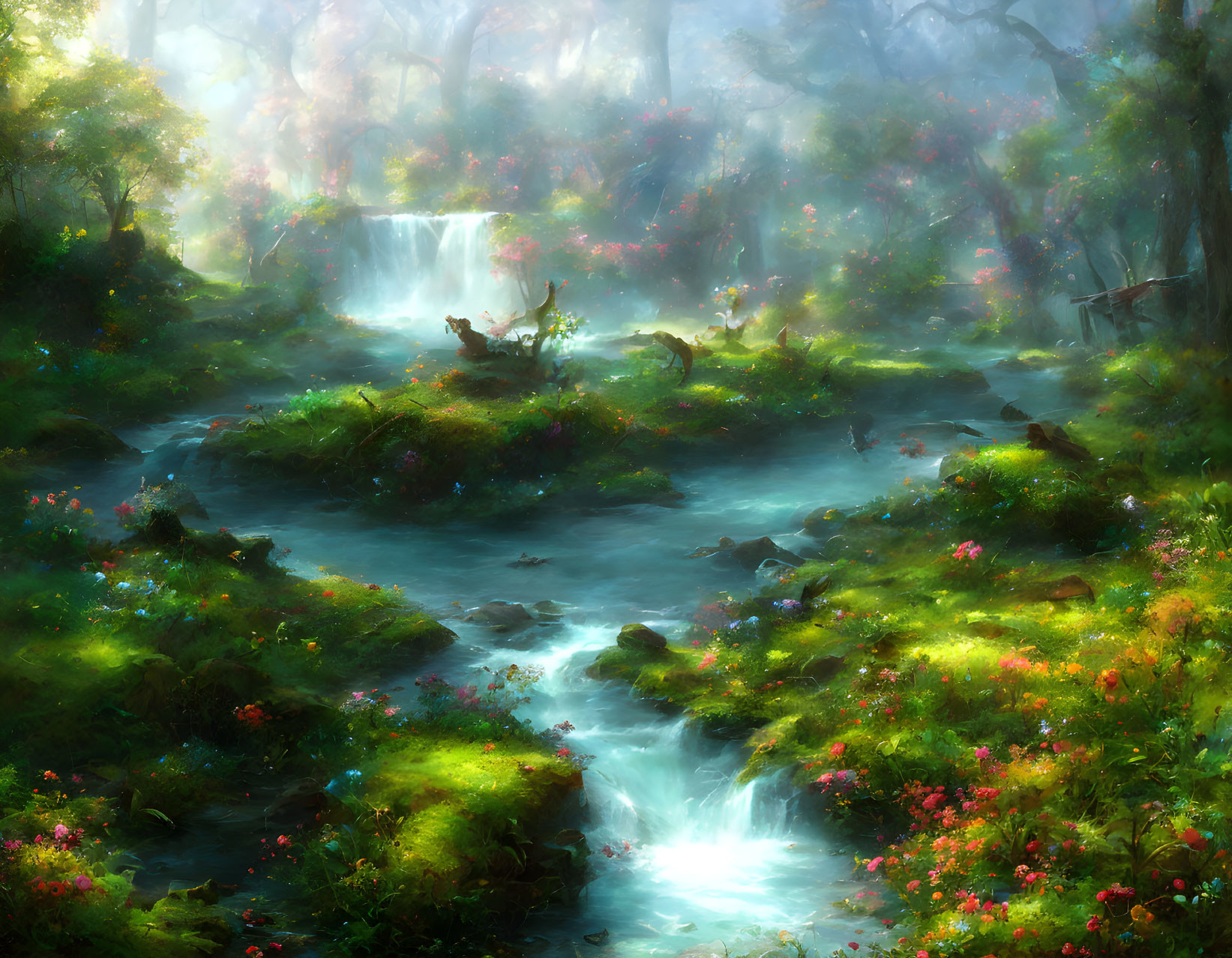 Tranquil forest scene with stream, waterfalls, and vibrant greenery