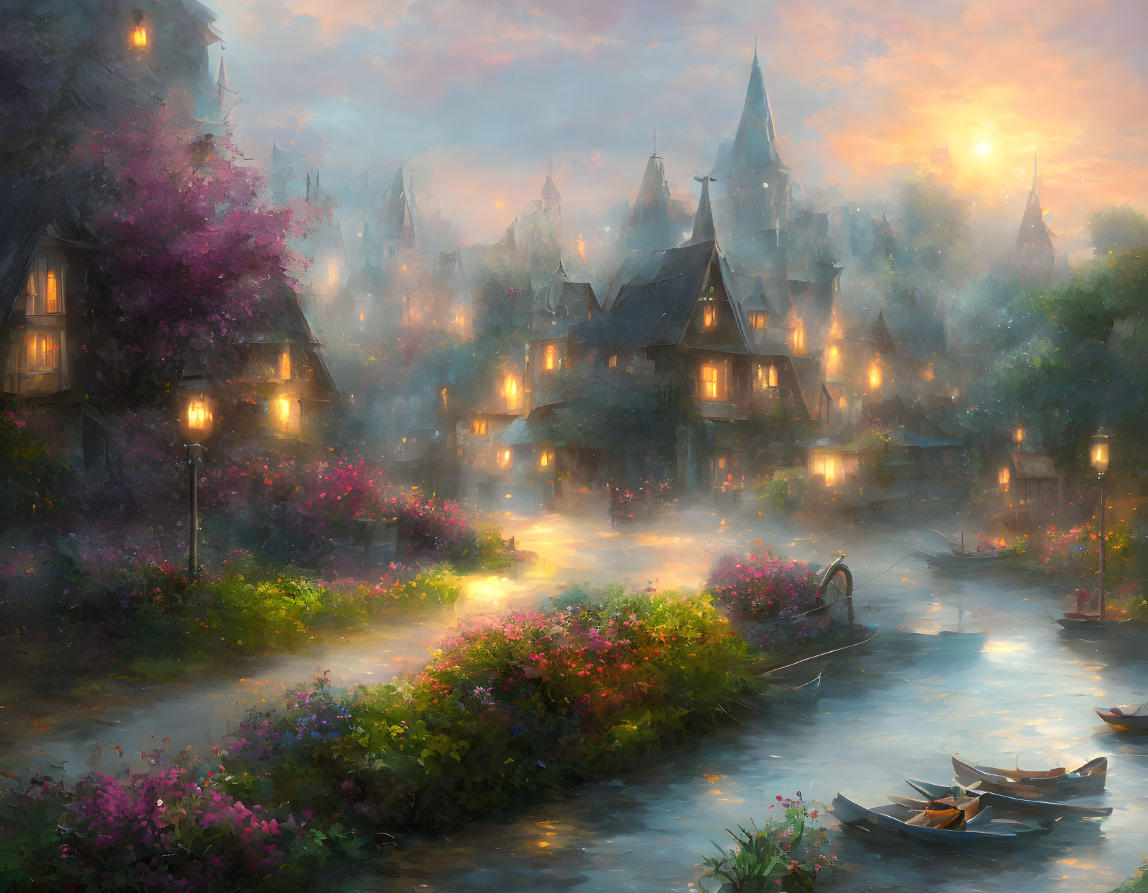 Tranquil fantasy village at dusk with glowing lanterns and flowering trees