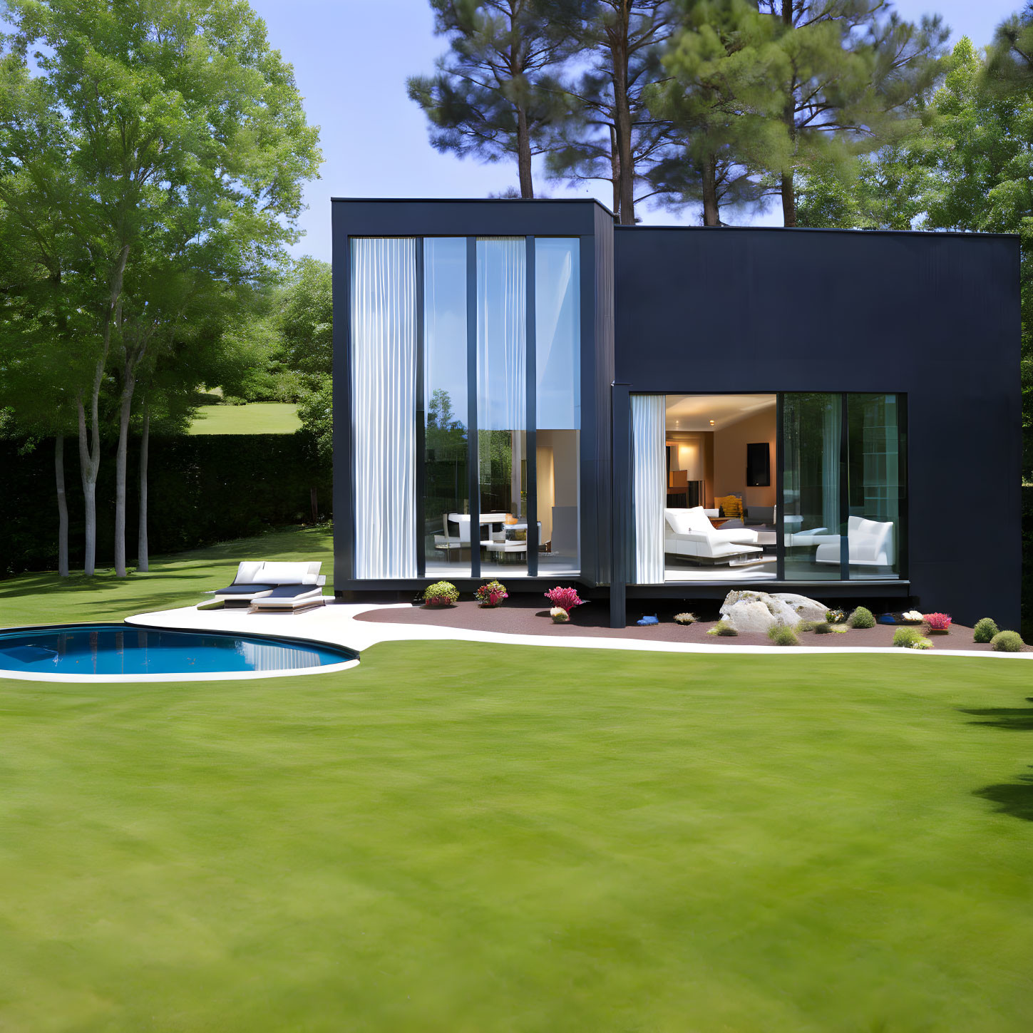 Contemporary Black House with Large Windows and Pool View