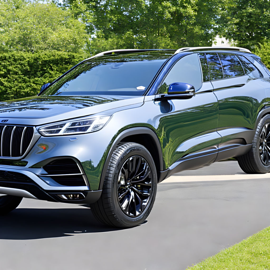 Luxury SUV with Silver Exterior, Prominent Grille, and Black Wheels