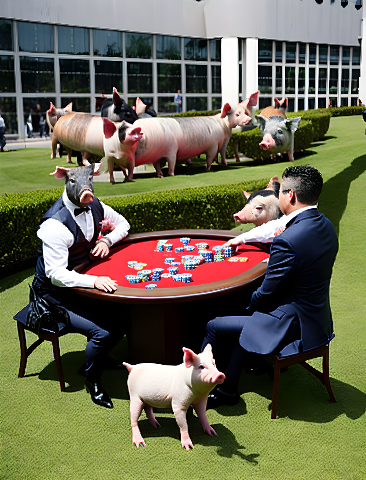 Men in suits playing poker at red outdoor table with large pig sculptures