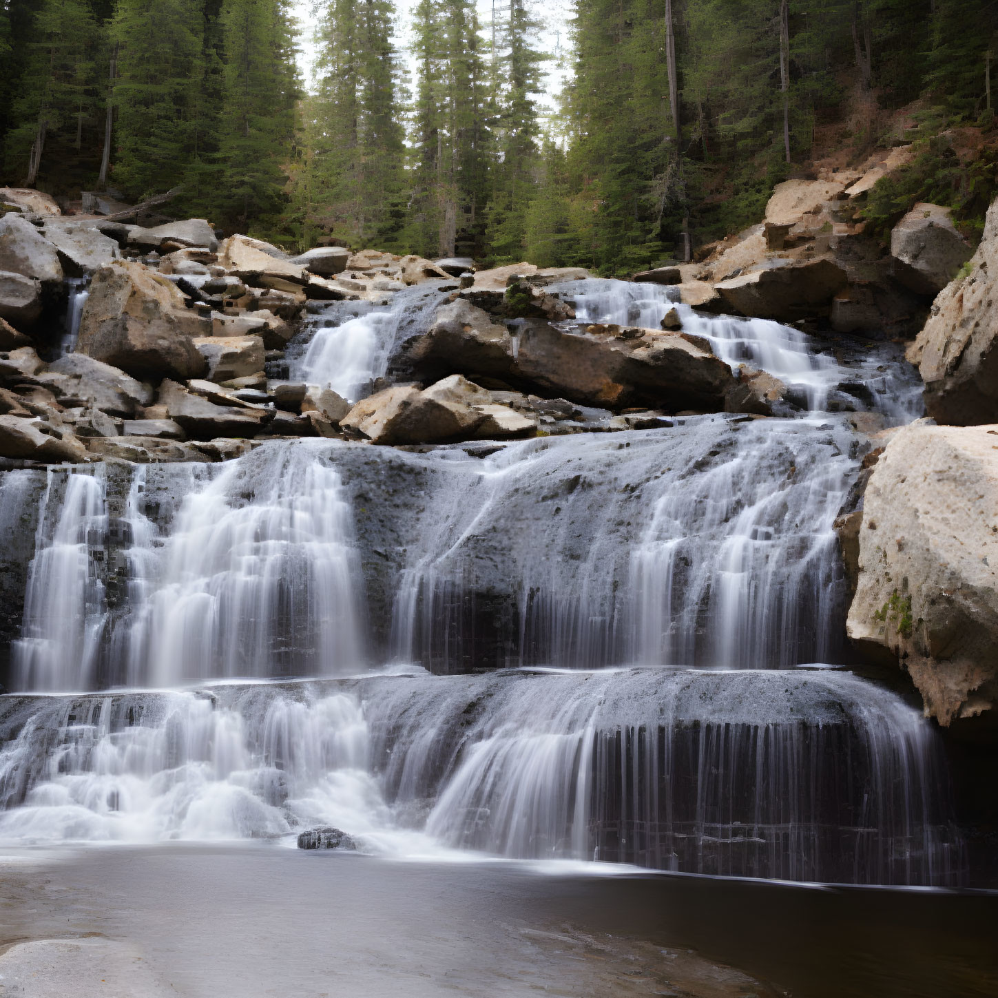 Scenic waterfall over layered rocks in pine forest