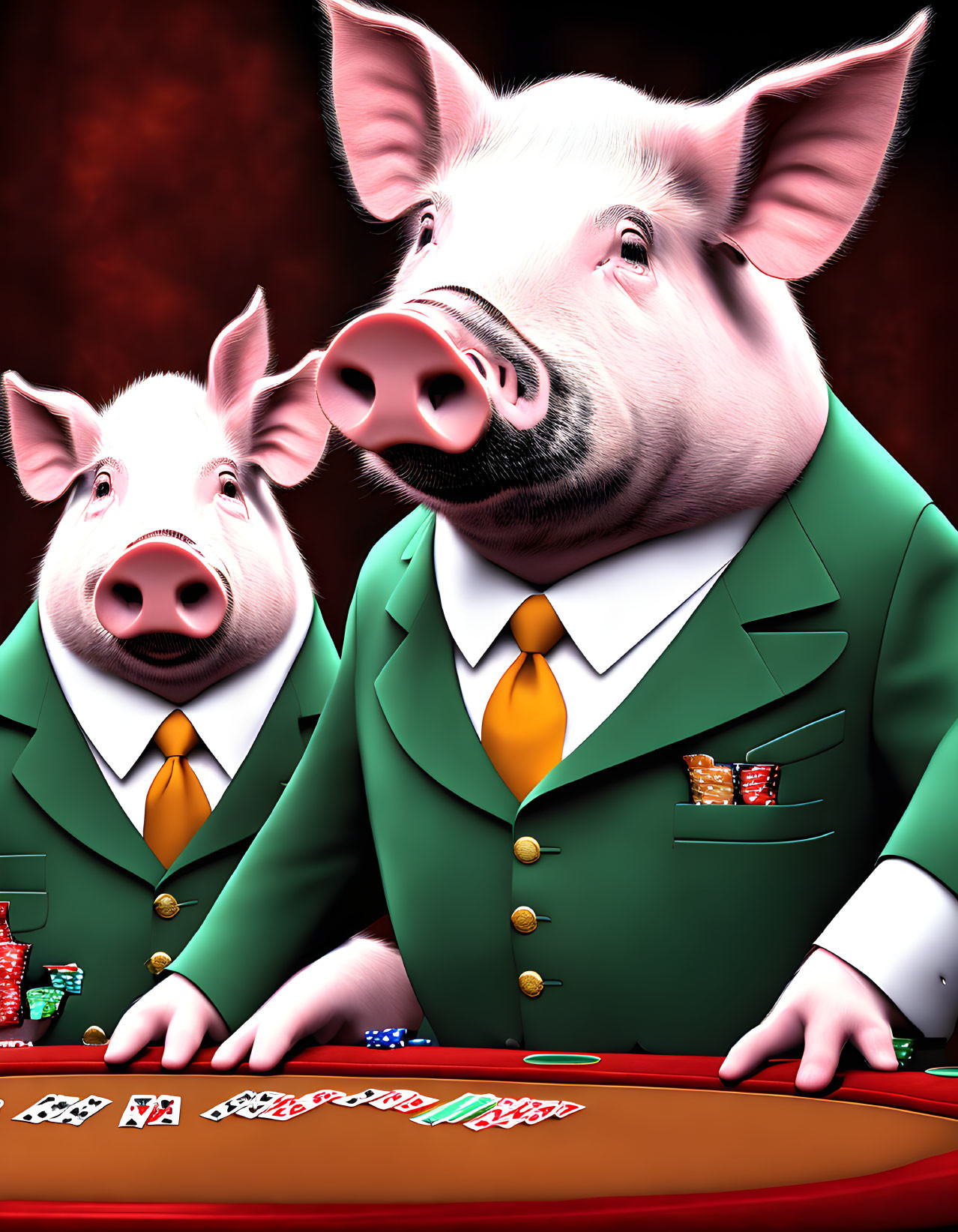 Cartoon pigs in green suits playing poker on red table