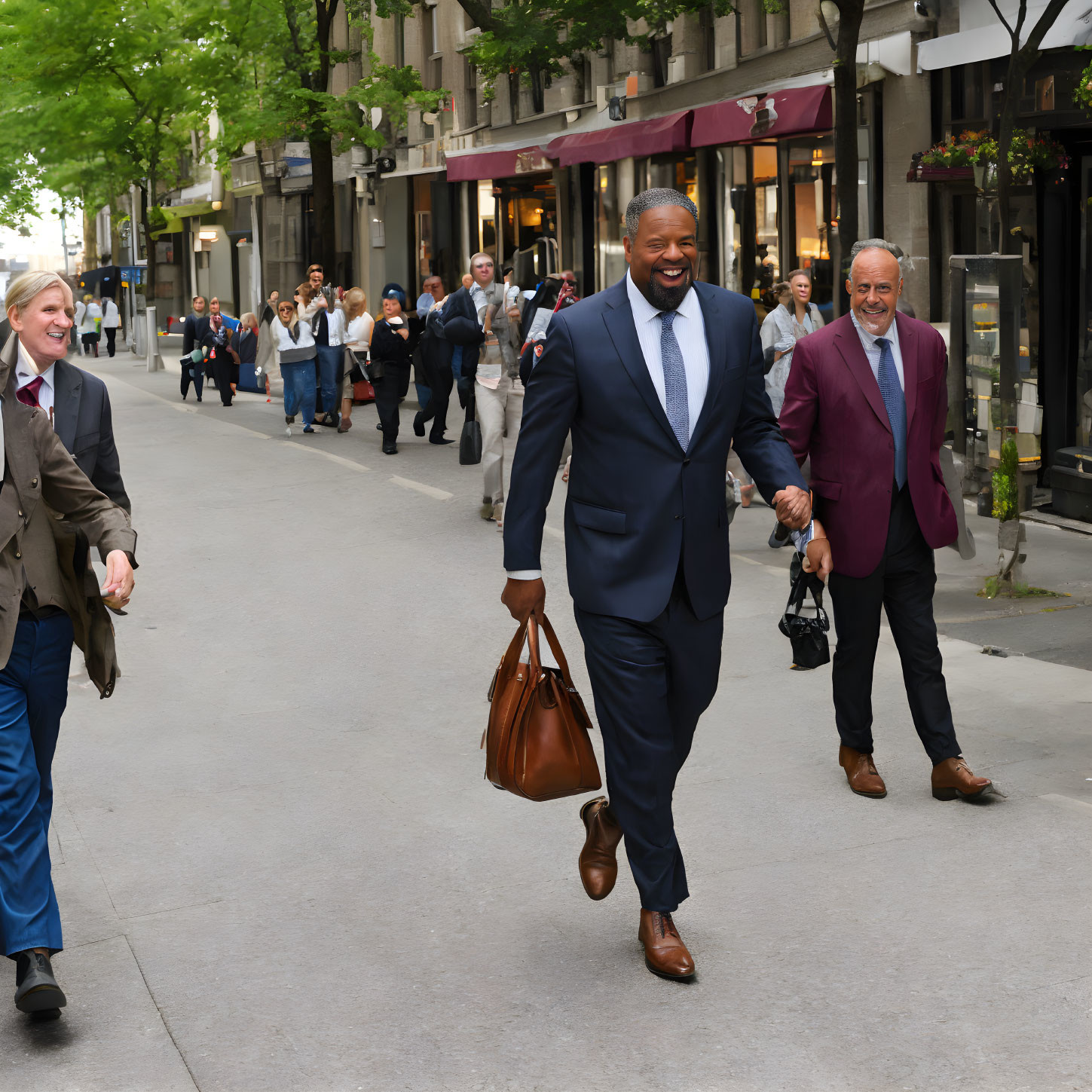 City street scene with smiling businesspeople, trees, and shops.