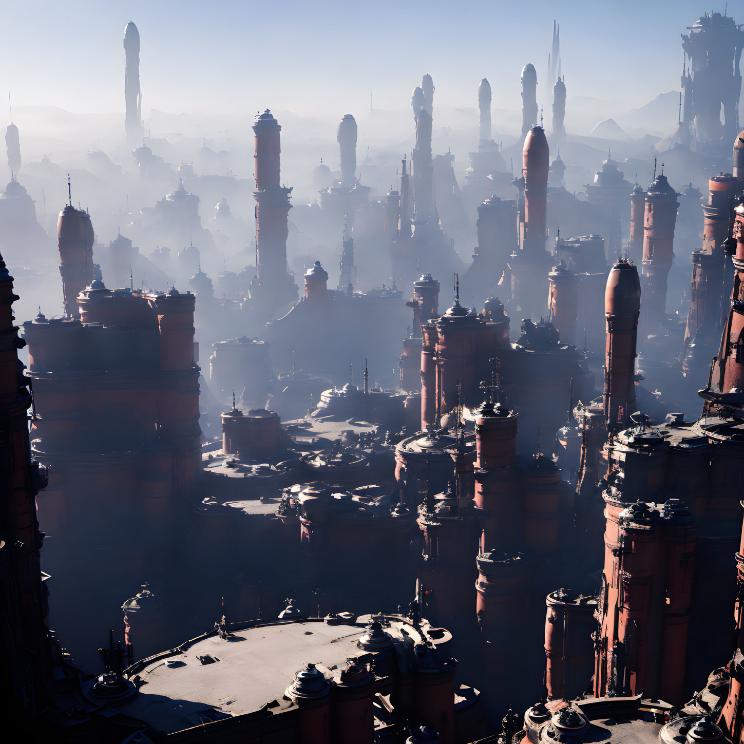 Futuristic cityscape with tall cylindrical towers in hazy atmosphere