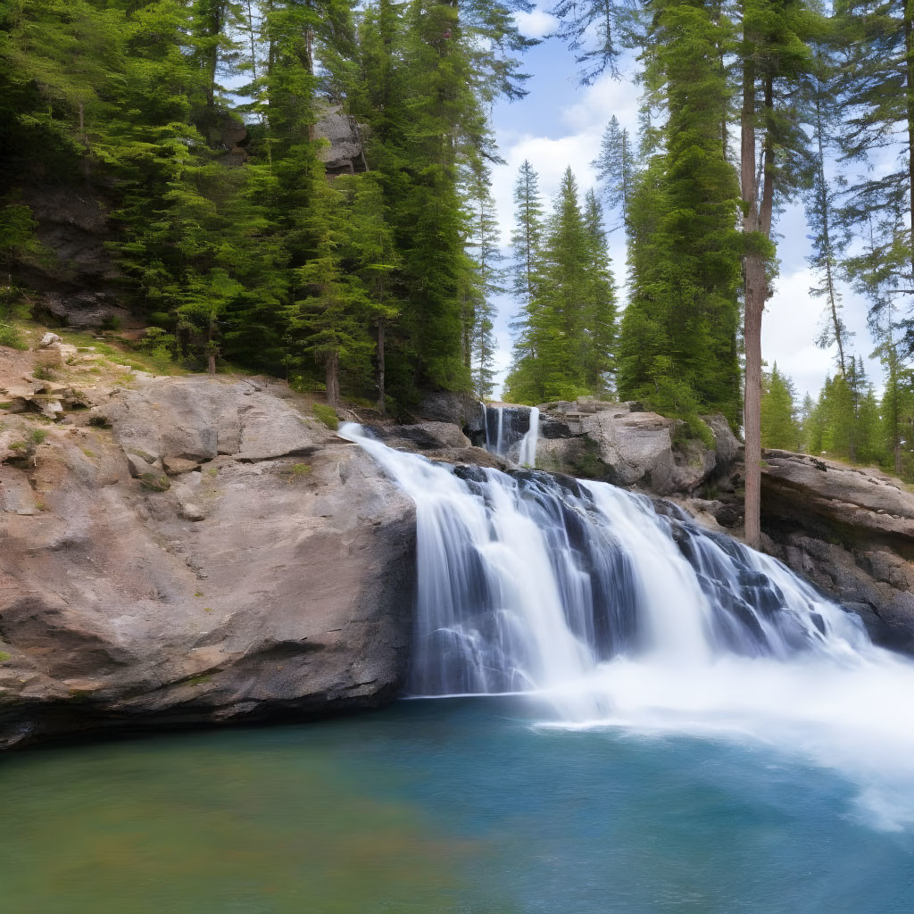 Tranquil waterfall in forest setting with evergreen trees and soft sky