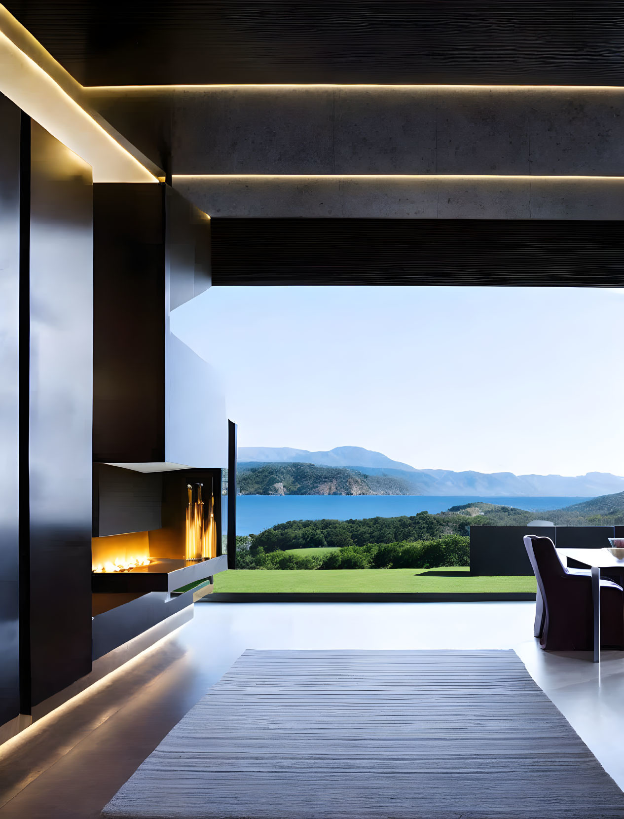 Contemporary Living Room with Mountain View & Fireplace