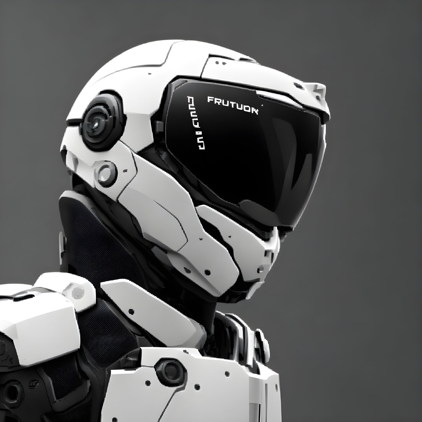 Futuristic white and black robot head with visor on gray background