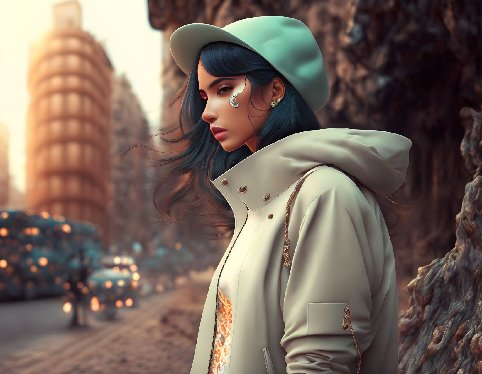 Stylized illustration of woman with teal hair in matching hat and beige jacket on city street