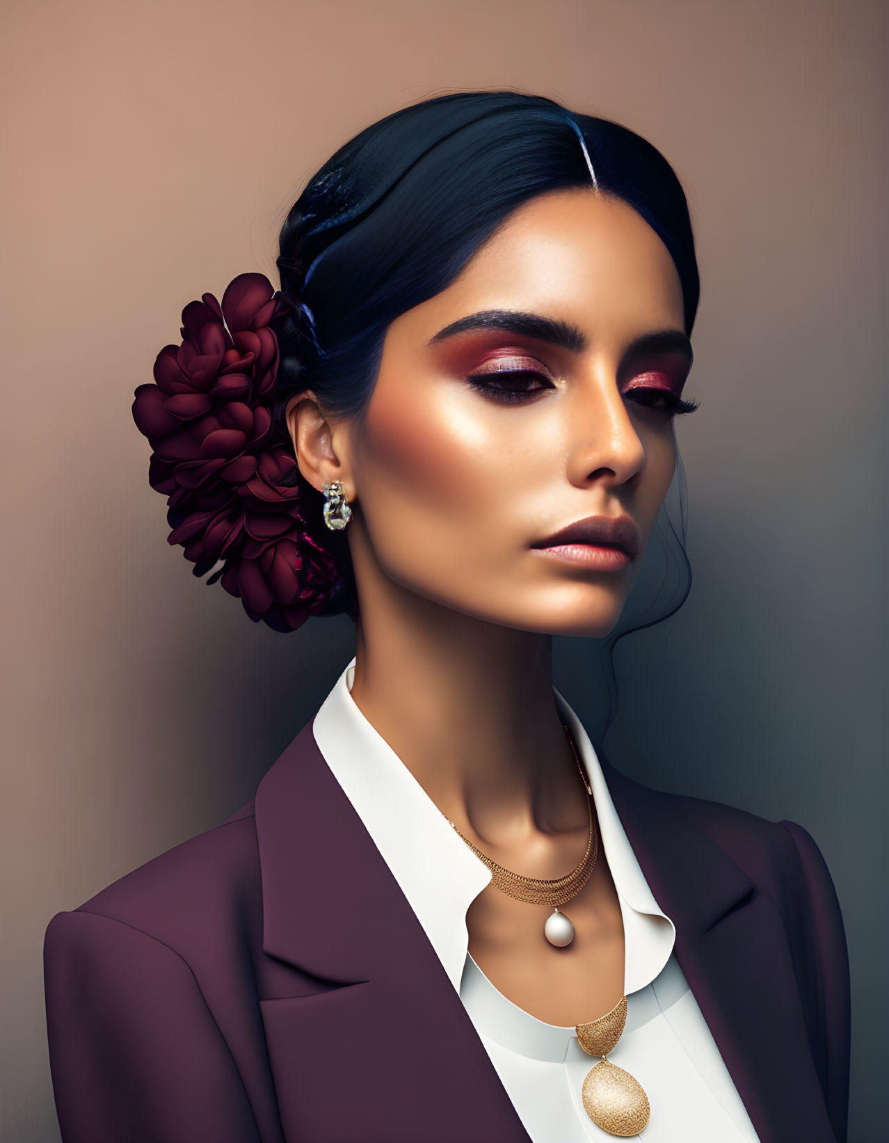 Elegant woman with slicked-back hair and bold makeup in red floral accessory