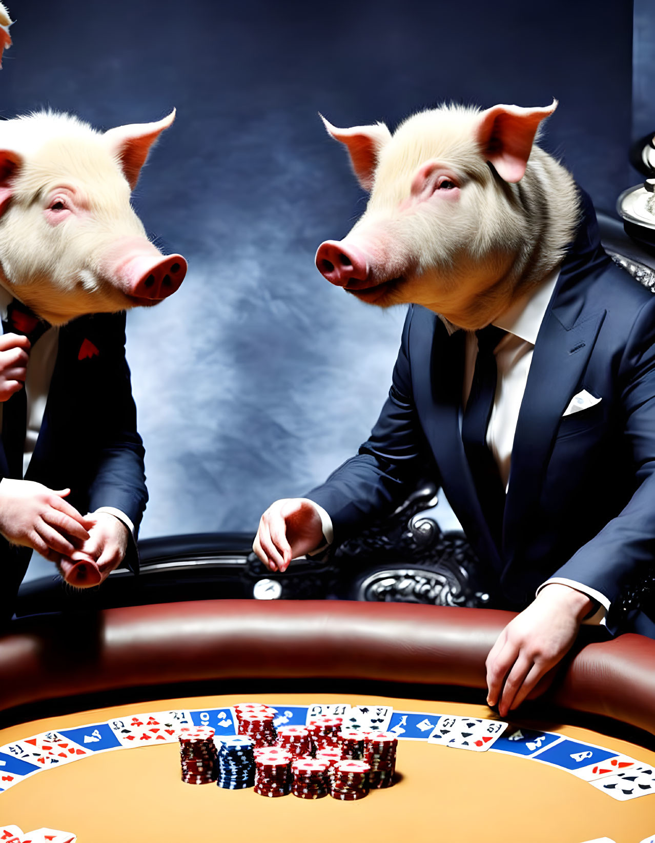 Pigs in suits playing poker with chips and cards on table