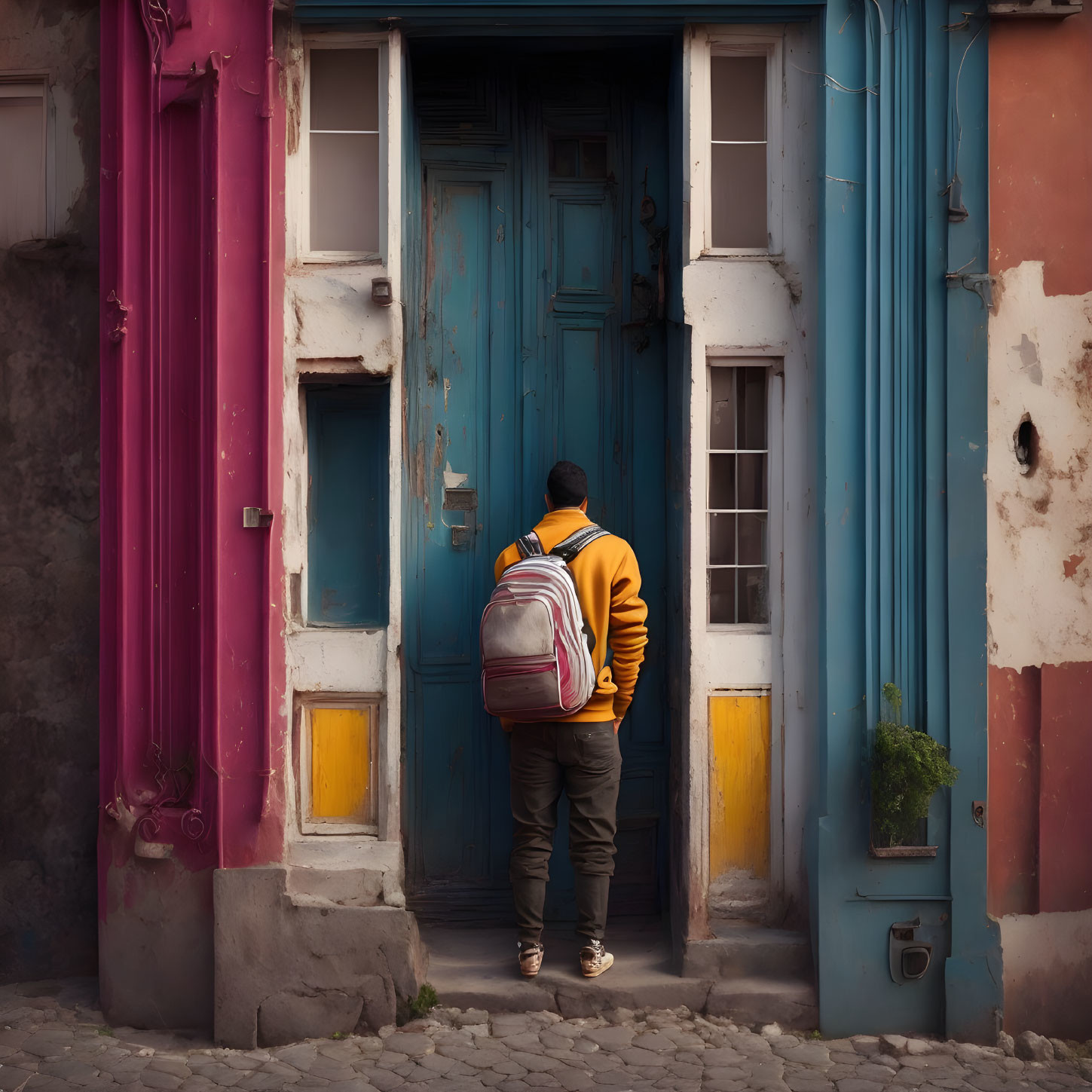 Person Contemplating by Weathered Blue Door and Colorful Walls