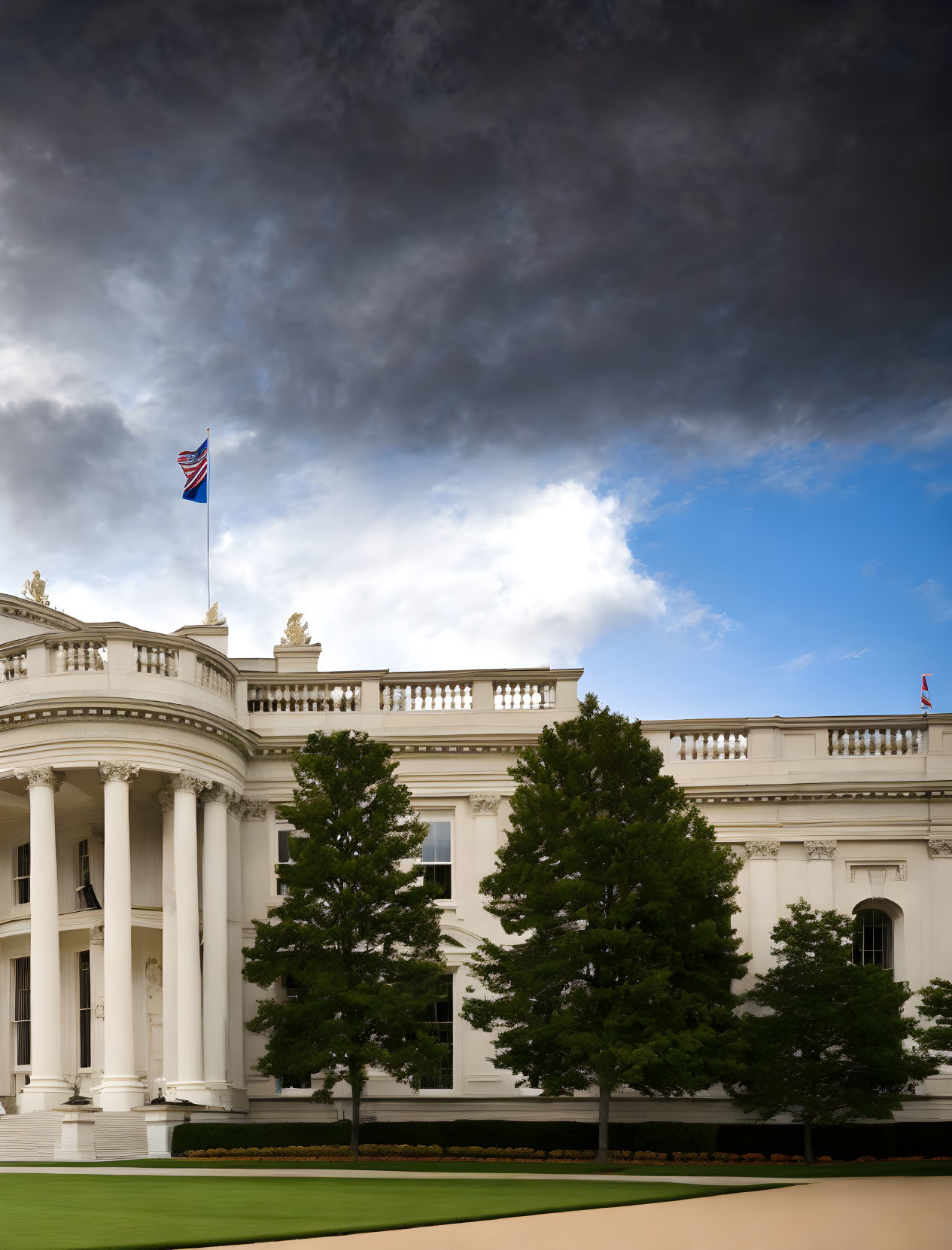 Neoclassical White House with dramatic cloudy sky