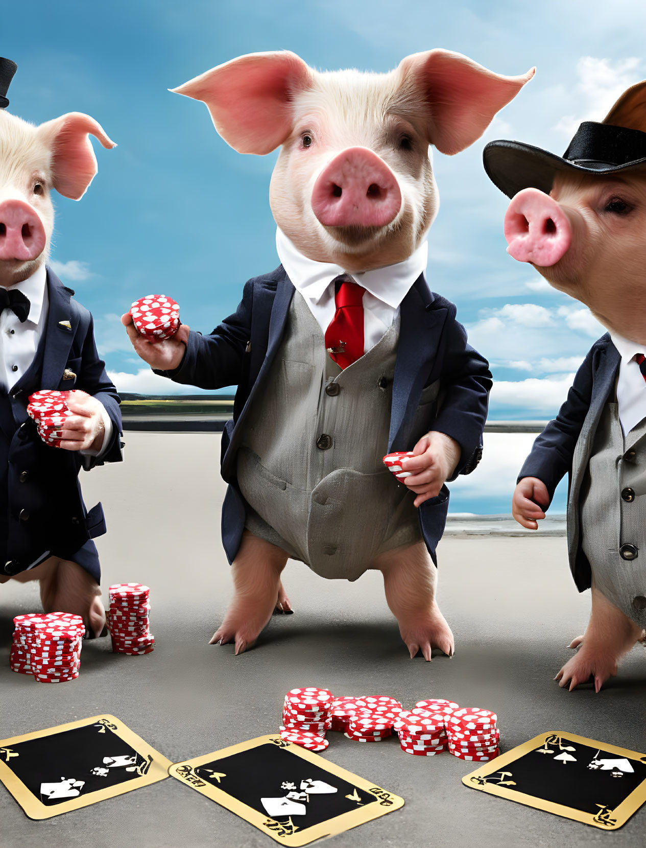 Three pigs in suits playing poker under sky background