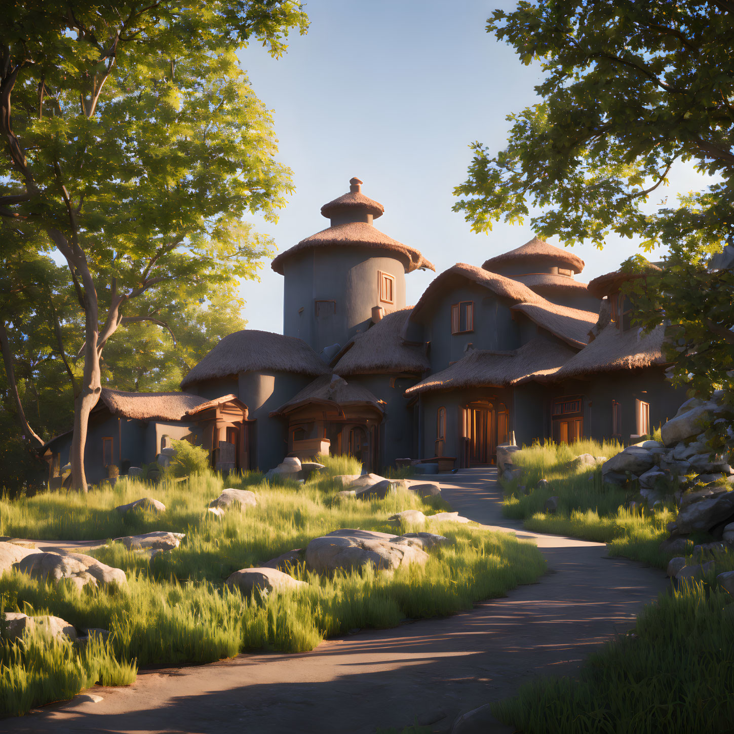 Rural cottages with thatched roofs in lush setting