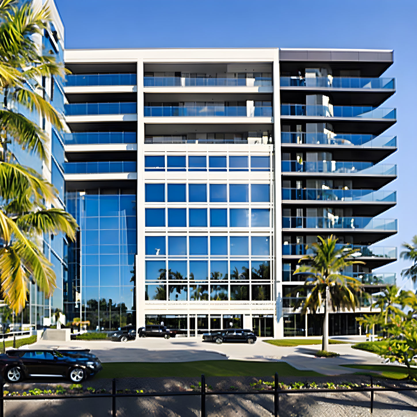 Modern multi-story office building with glass facade, palm trees, and parked cars on sunny day